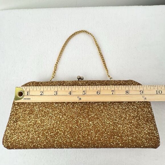 Gold Glitter Clutch Handbag Kiss Lock Evening Wedding Prom Glam Old Hollywood - Picture 10 of 13
